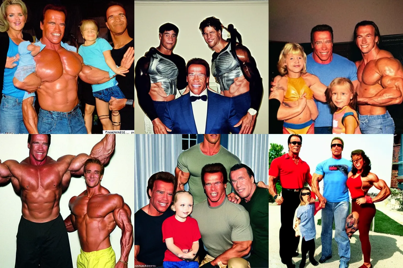 Prompt: color family photo of 3 Arnold Schwarzenegger impersonators