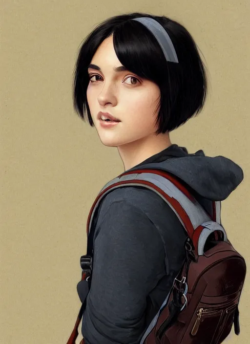 Prompt: Close-up portrait of kind young woman with short black hair in a bob cut, with a backpack, slightly dirty face, transparent background, png, highly detailed, digital painting, artstation, concept art, sharp focus, illustration, art by artgerm and greg rutkowski and alphonse mucha