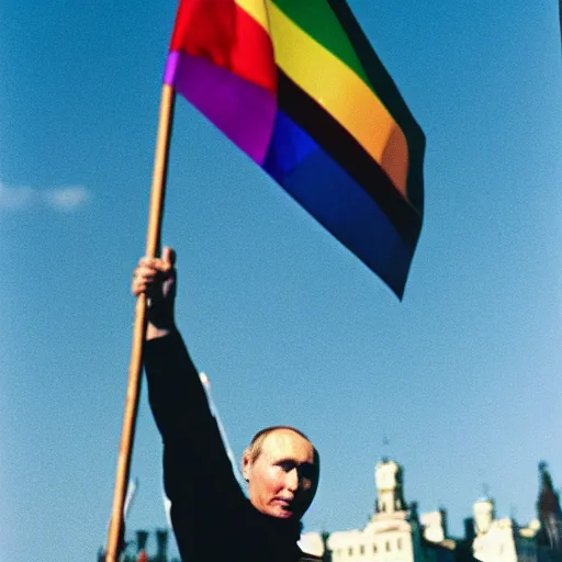 Prompt: photo of putin waving a gay pride flag, cinestill, 800t, 35mm, full-HD