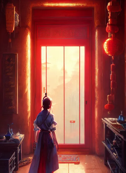 Image similar to Highly detailed chinese door, Stephen Bliss, unreal engine, fantasy art by Greg Rutkowski, Loish, Rhads, Makoto Shinkai and Lois van baarle, ilya kuvshinov, rossdraws, Tom Bagshaw, global illumination, radiant light, detailed and intricate environment