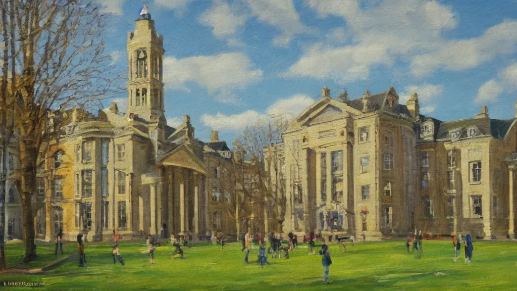 Prompt: impressionist oil painting of campus life at University college dublin