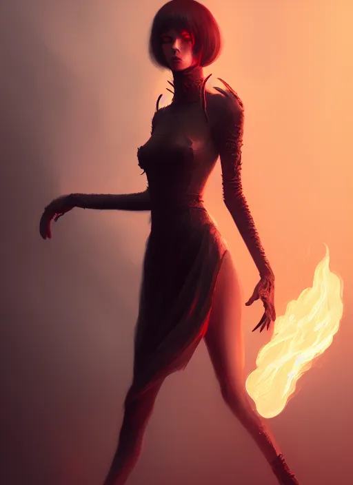 Image similar to satan daughter, outfit, wearing, full body, pyromancer, intricate, elegant, highly detailed, digital painting, artstation, concept art, smooth, sharp focus, illustration, ethereal, misty, cleary see face, by ilya kuvshinov and jeremy mann, 8 k, octane render