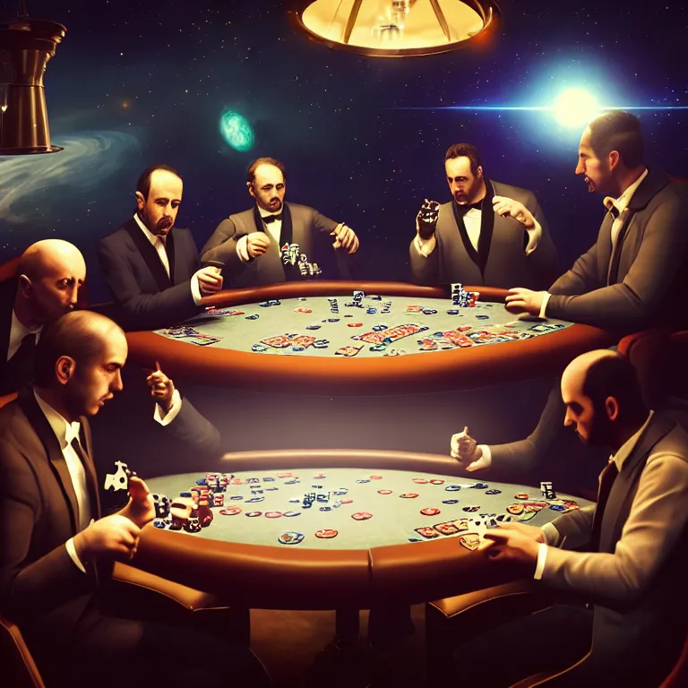 Prompt: Three mafiosi playing poker in open cosmos, star systems are visible in the background. Extremely high details, realistic, fantastic octane render, cinematic, hyperrealism, 8k, masterpiece