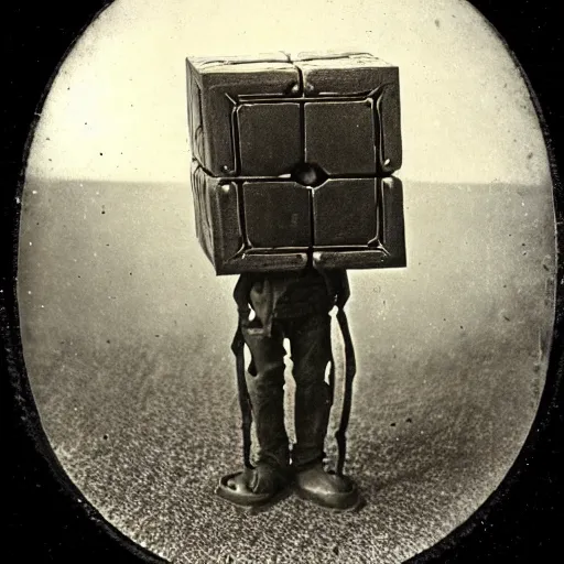 Prompt: 1 8 8 5 photo of a riveted companion!! cube!! from portal 2, heart shape, daguerrotype, high quality