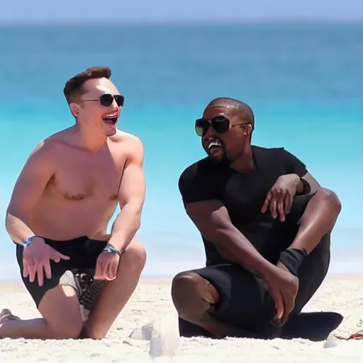 Image similar to elon musk and kanye west laughing chilling at the beach in aruba