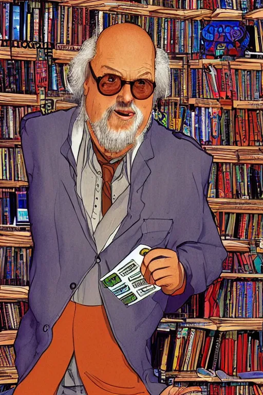 Prompt: an awesome jean giraud digital art masterpiece of robert anton wilson telling jokes at a local bookstore