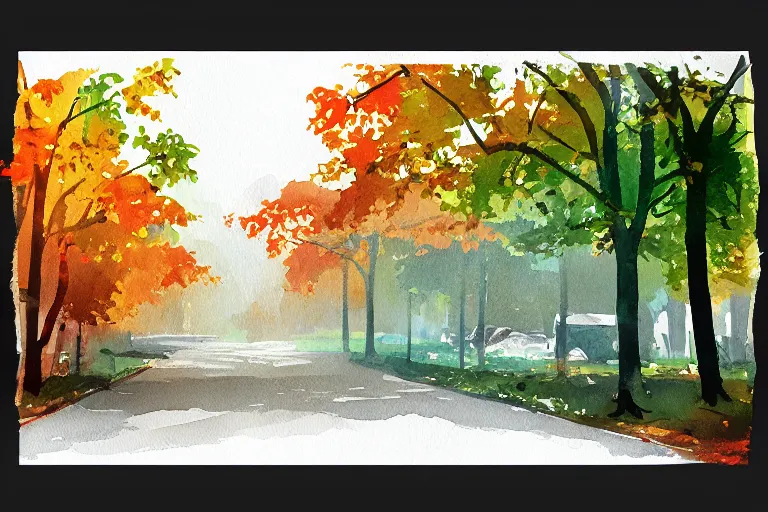 Prompt: avenue autumn watercolor pen light color on artstation