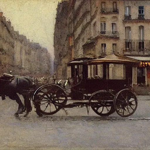 Prompt: artist ewan mcgregor is walking in early 2 0 th century paris. he is a gentleman and wears a bowler hat, horses, horse carts, horse cartridges on streets, walking ladies and gentlemen an early car prototype, early 2 0 th century tram, by d'edouard cortes