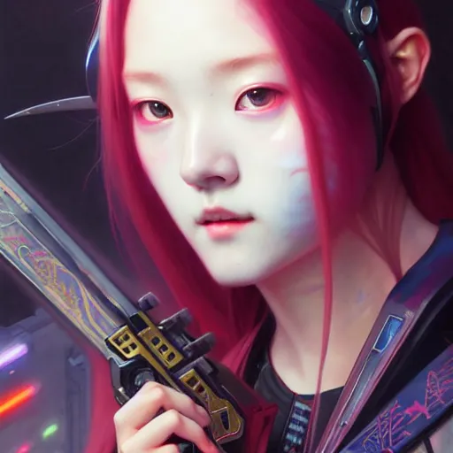 Image similar to portrait painting of cyberpunk chuu loona kpop smiling cheerfully with a black katana, ultra realistic, concept art, intricate details, eerie, highly detailed, photorealistic, octane render, 8 k, unreal engine. art by artgerm and greg rutkowski and magali villeneuve and alphonse mucha