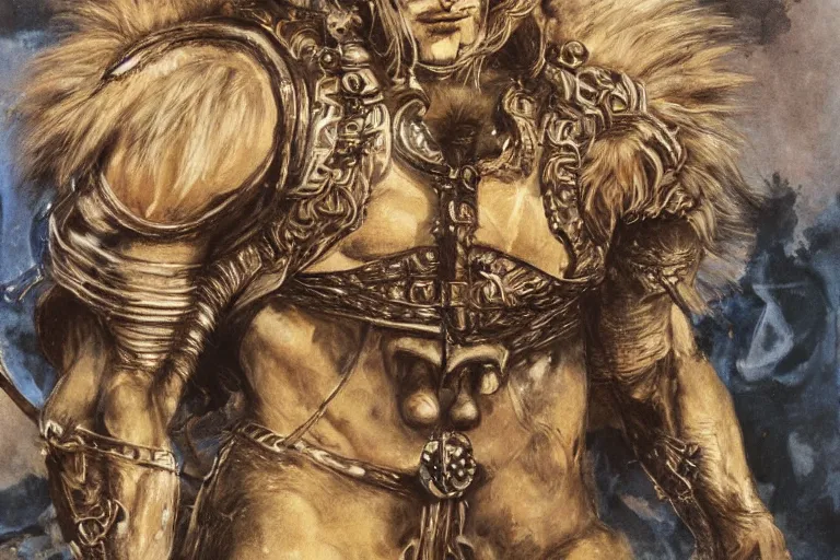 Image similar to 8k Yoshitaka Amano painting of upper body of a young cool looking lion beast-man at a medieval market at windy day. White mane, Depth of field. He is wearing complex fantasy armors. He has huge paws. Renaissance style lighting.