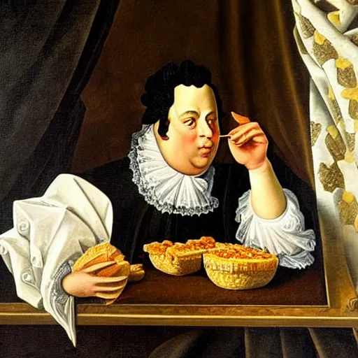 Prompt: oil painting of Louis XVI eating a bucket of KFC, oil on canevas, in the style of Botticelli