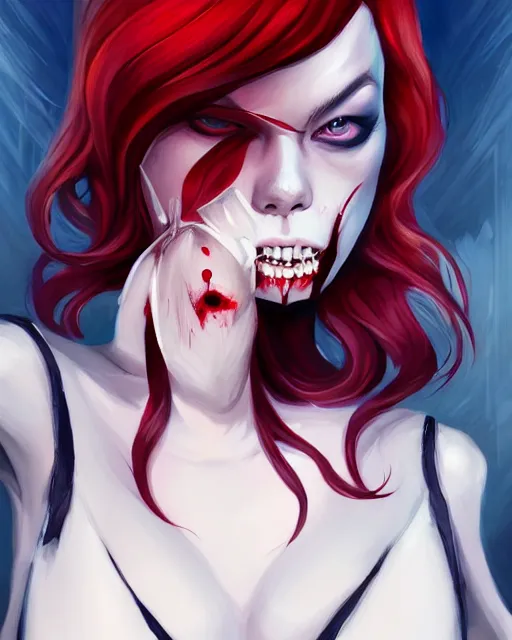 Prompt: a portrait of a beautiful full body Emma Stone vampire sharp teeth open mouth, covered in blood, art by lois van baarle and loish and ross tran and rossdraws and sam yang and samdoesarts and artgerm, digital art, highly detailed, intricate, sharp focus, Trending on Artstation HQ, deviantart, unreal engine 5, 4K UHD image