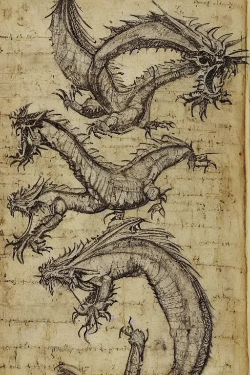 Prompt: manuscript page with diagrams of dragons by leonardo da vinci, sketches, scientific studies, anatomy studies, academic art, intricate