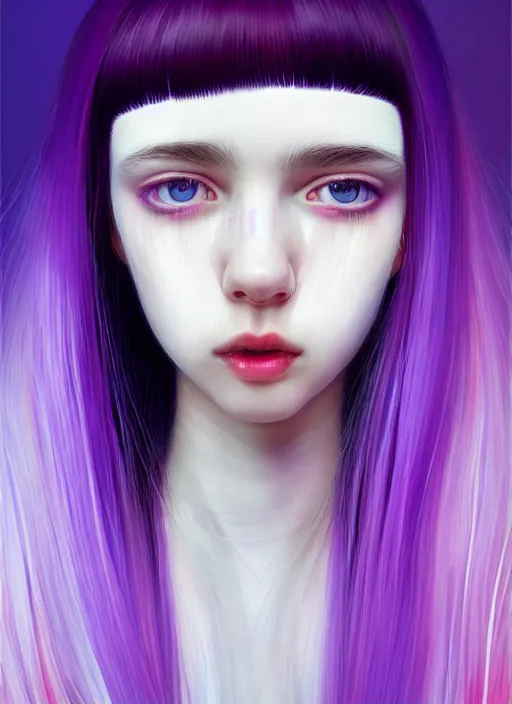 Image similar to hair whitebangs hair, black hair, whitebangs, portrait of teenage girl with white bangs, red irises, purple clothes, white bangs, bangs are different color from hair, intricate, elegant, glowing lights, highly detailed, digital painting, artstation, concept art, smooth, sharp focus, illustration, art by wlop, mars ravelo and greg rutkowski