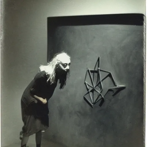 Image similar to polaroid of a skater girl inspecting a sculpture by leonora carrington