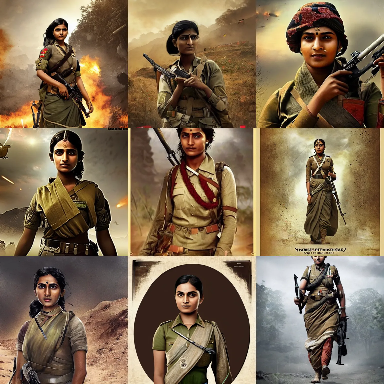 Prompt: young indian woman soldier wearing a sari, promotional art for'battlefield 1'