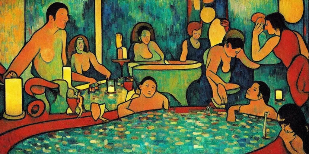 Image similar to a party at midnight, modern indoors, bay area, candles, hot tub, friendship, hope, art by paul gaugin