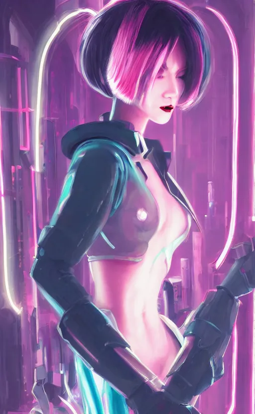 Prompt: beautiful cyberpunk android courtesan, in a neon speakeasy, pink bob cut hairstyle, full body, transparent jacket, short skirt, ultra facial detail, Tooth Wu Artgerm Greg Rutkowski artstation deviantart, 8k, fanart, extreme aesthetic