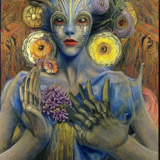 Image similar to masterpiece painting of the robot queen wearing a mask made of flowers, by annie swynnerton and diego rivera and jean delville, symbolist, dramatic lighting, god rays, elaborate geometric ornament, art brut, soft cool colors, smooth, sharp focus, extremely detailed, adolf wolfli