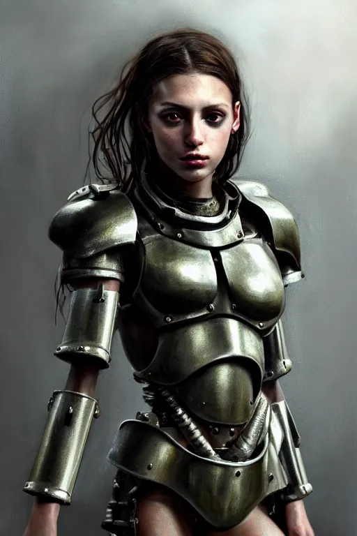 Image similar to a photorealistic painting of an attractive young girl, partially clothed in dirty metal-plated battle armor, a tiny spot of blood, olive skin, long dark hair, beautiful bone structure, symmetrical face, perfect eyes, intricate, elegant, digital painting, concept art, illustration, sharp focus, minimal artifacts, volumetric lighting, from Metal Gear, in the style of Ruan Jia and Mandy Jurgens and Greg Rutkowski, trending on Artstation, award winning