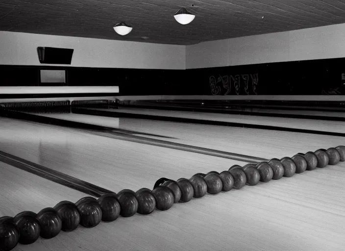 Prompt: a 35mm photograph of an empty bowling alley in the 1950's, bokeh, Canon 50mm, cinematic lighting, photography, retro, film, Kodachrome