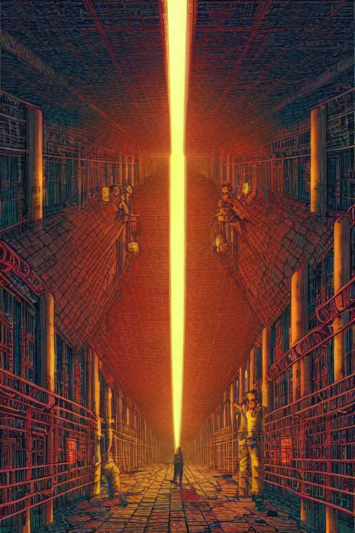 Image similar to artwork of a chinese prison by dan mumford and toshi yoshida and peter doig, symmetrical, vintage scifi, highly detailed, dramatic lightning,, 8 k