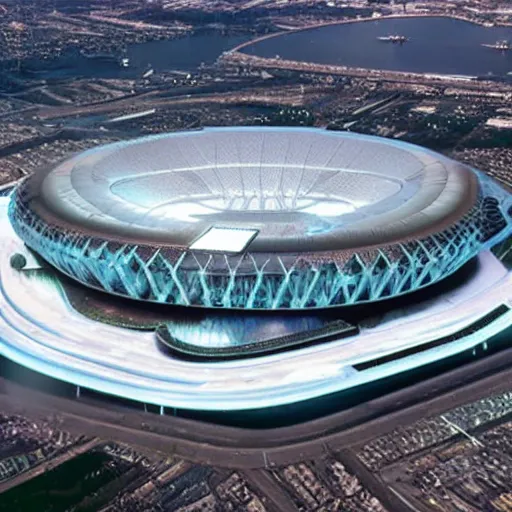 Image similar to a futuristic stadium floating in space