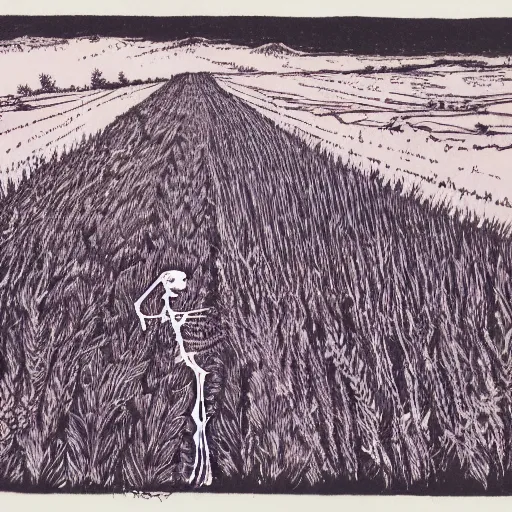 Image similar to risograph of a skeleton in a field