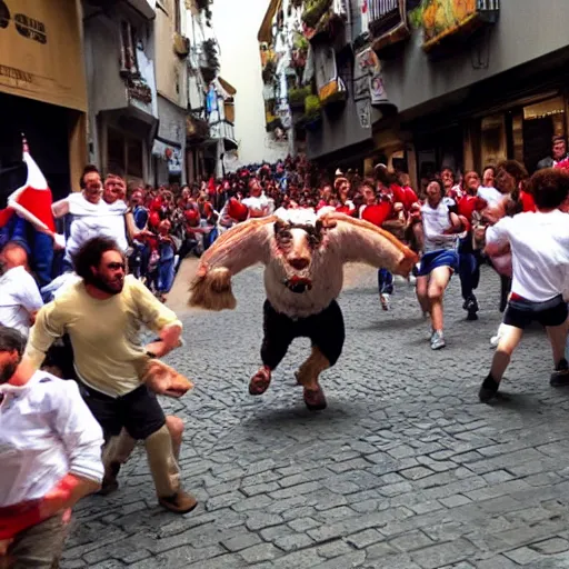 Image similar to giant screaming bob ross running from the bulls in pamplona spain