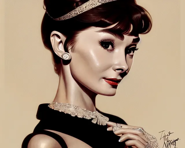 Image similar to photography of audrey hepburn in breakfast at tiffany's, deep focus, intricate, elegant, highly detailed, digital painting, artstation, concept art, matte, sharp focus, illustration, art by artgerm and greg rutkowski and alphonse mucha