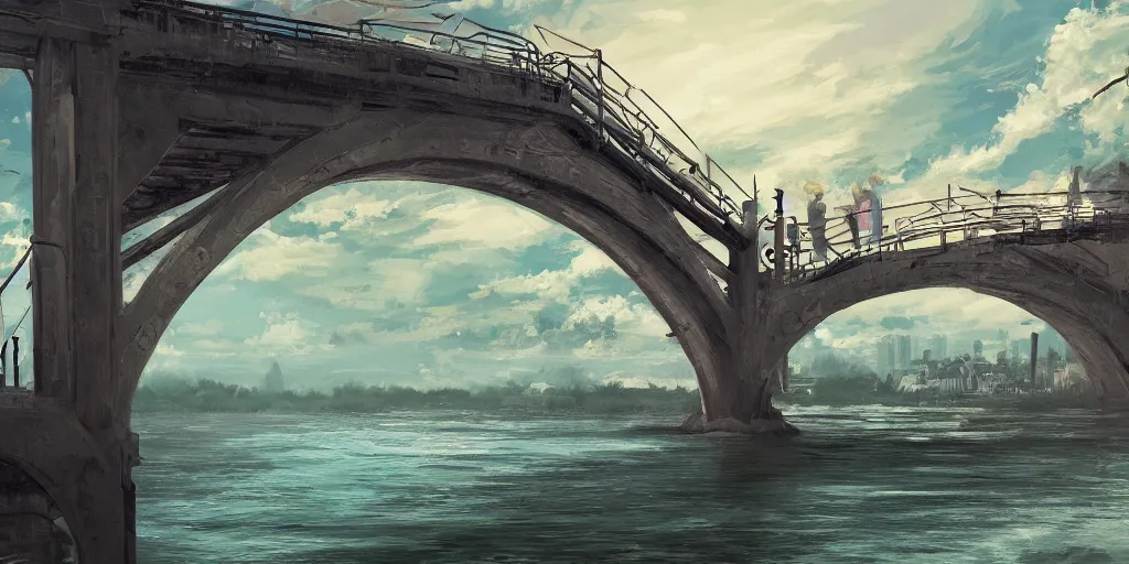 Image similar to a bridge, cinematic angle, studio Ghibli, cinematic lighting, digital art, detailed oil painting, hyperrealistic, 8k