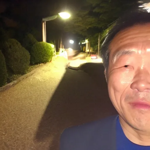 Image similar to my Japenese dad accidentally taking a selfie with the front camera, smiling, squinting his eyes because the camera flash is so bright in his face