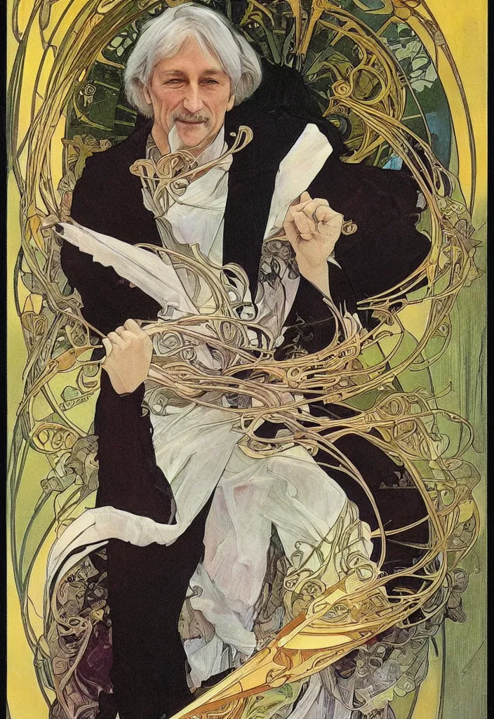 Image similar to realistic white - haired geoffrey hinton on a tarot card, tarot in art style by alphonse mucha