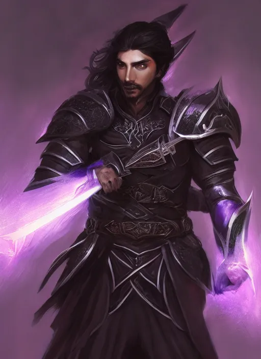 Prompt: Half-body portrait of an elven warrior with black hair and black facial hair in black armour holding a purple sword. In style of Hyung-tae Kim and Greg Rutkowski, concept art, trending on ArtStation, Korean MMORPG, over-detailed art, 4K, epic, dynamic lightning, dramatic pose.