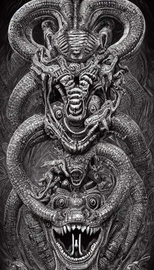 Image similar to ancient biomechanical hybrid aztec fantasy human serpent demon face mask tattoo pattern concept, teonanacatl glyph, intricate artwork by, Johnatan Wayshak, Zdizslaw Beksinski, Artgerm, H.R. Giger, very coherent artwork, cinematic, hyper realism, high detail, octane render, unreal engine, 8k, High contrast, higly detailed black ink outline, crosshatch sketch gradient