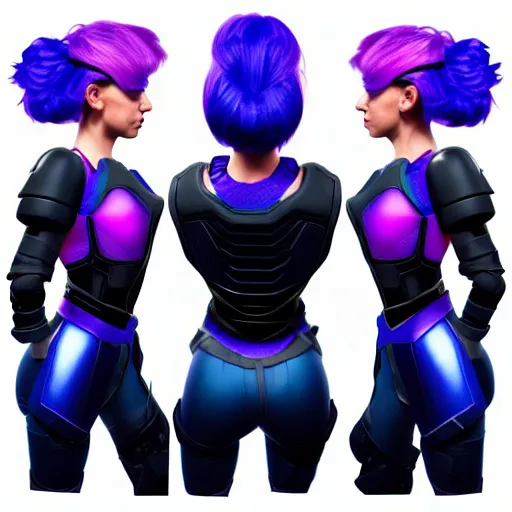 Image similar to a stunning upper body portrait of a beautiful young woman wearing futuristic navy blue and teal battle bodyarmor and pauldrons and ombre purple and pink hairstyle with hair blowing in the wind, by marvel comics, outrun, vaporware, highly detailed, fine detail, intricate, digital art, trending on artstation