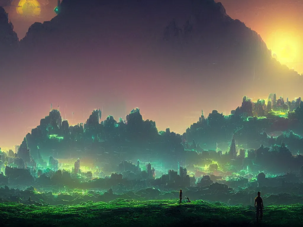 Prompt: synthwave landscape of a lone traveler walking towards a distant castle, synthwave grid, virtual, wireframe, by Paul Lehr and Thomas Cole, wide angle, highly detailed, cinematic, Blue and Green color scheme