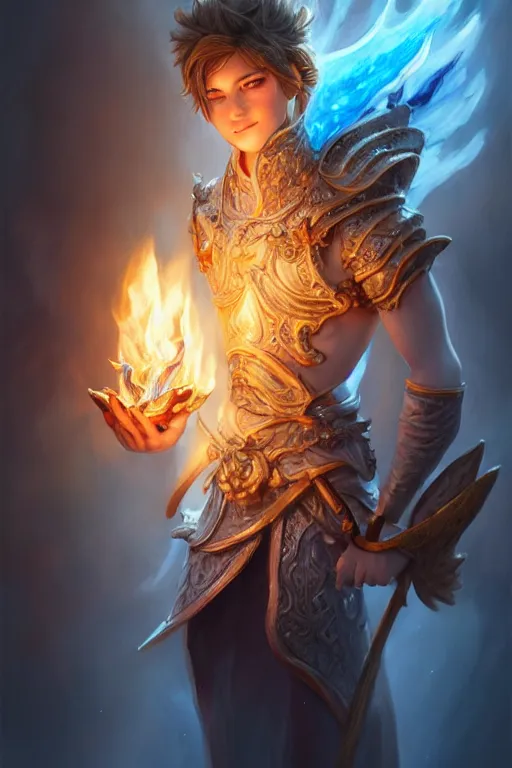 Image similar to legendary fairy prince hold flame staff, blue energy, highly detailed, d & d, fantasy, highly detailed, digital painting, trending on artstation, concept art, sharp focus, illustration, global illumination, ray tracing, realistic shaded, art by artgerm and greg rutkowski and fuji choko and viktoria gavrilenko and hoang lap