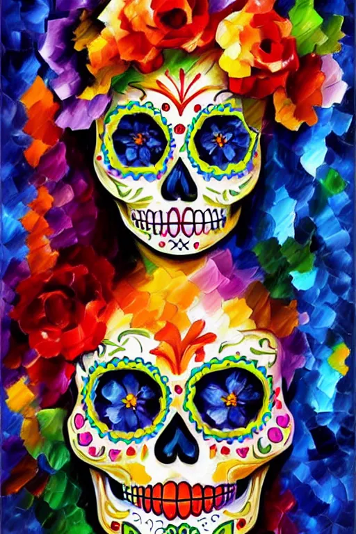 Prompt: illustration of a sugar skull day of the dead girl, art by leonid afremov