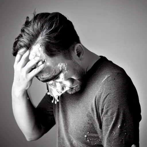 Prompt: Dramatic photo of a man crying over spilled milk, emotional, sad