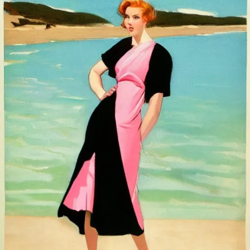 Prompt: woman, black dress in the middle of the beach, pink sea, leyendecker style