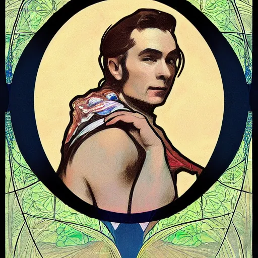 Prompt: David Tenant in style of Alfons Mucha, stylized