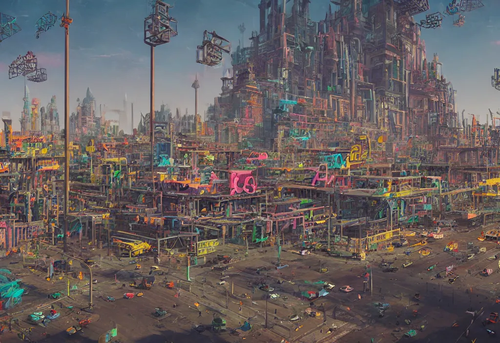 Image similar to hyperrealistic matte painting of aztec temples in a future environment with flying cars, mechanical features and neon, graffiti, scaffolding, smog, destruction by filip hodas, beeple, 4 k, trending on cgsociety