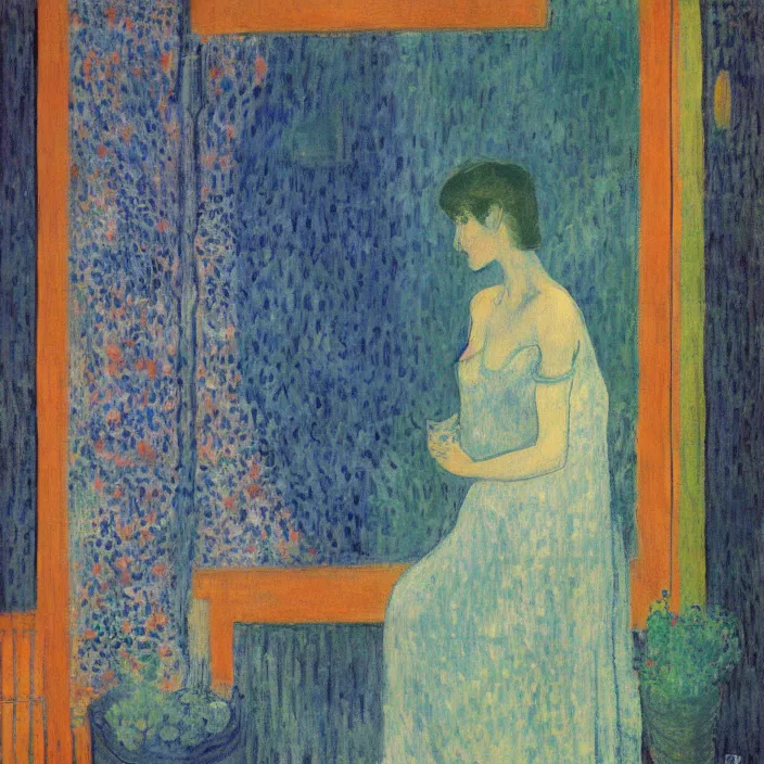 Prompt: portrait of woman in night gown, blue cat and aloe house plant with brutalist city at night seen from a window frame with curtains. agnes pelton, giorges de la tour, bonnard, henri de toulouse - lautrec, utamaro, matisse, monet