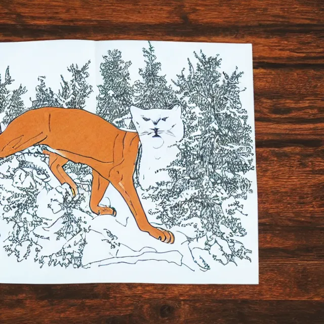 Image similar to magic marker colouring book showing 'a cougar sleeping in the middle of snowy pine tree' laying on coffee table, zoomed out shot, HD,