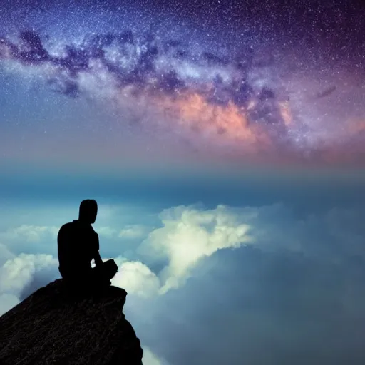 Image similar to 4K ultra HD detailed award-winning wallpaper of silhouette of man sitting on top of mountain cliff looking at huge vast sky storm Milky way