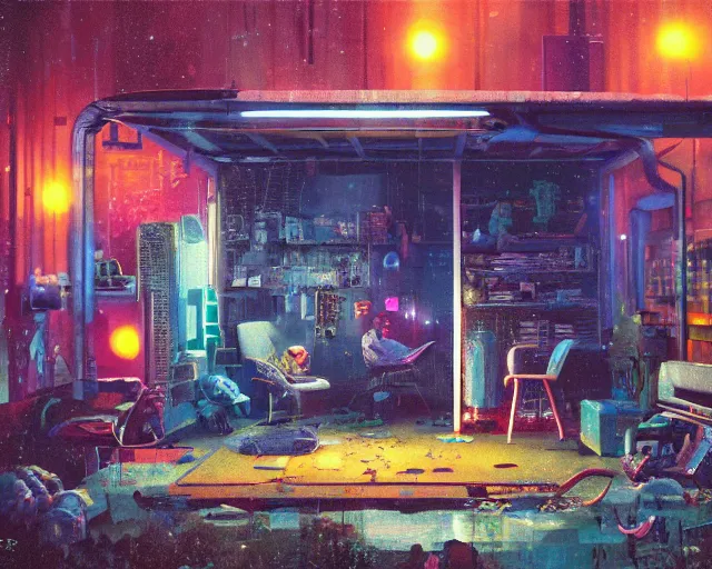 Prompt: IKEA catalogue photo of a cyberpunk shed, by Paul Lehr