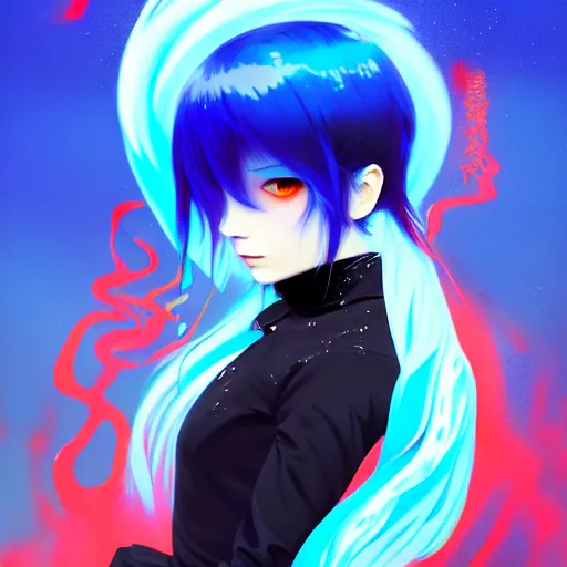 Image similar to blue slime swirling around rimuru tempest with black wings, enveloped in ghosts, sky blue straight hair, bangs, with amber eyes, red tailcoat, high collar, ultra fine detail, dark theme, digital painting, psychedelic, cinematic, wlop, pixiv, ilya kuvshinov, ross tran