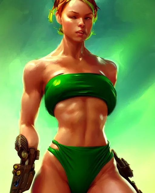 Image similar to play of the game of cammy wearing green bikini, perfect face, brown hair, abs, cinematic, stunning, cute, adorable, strong, highly detailed, psychedelic, digital painting, artstation, smooth, hard focus, illustration, art by jessica rossier and and brian froud