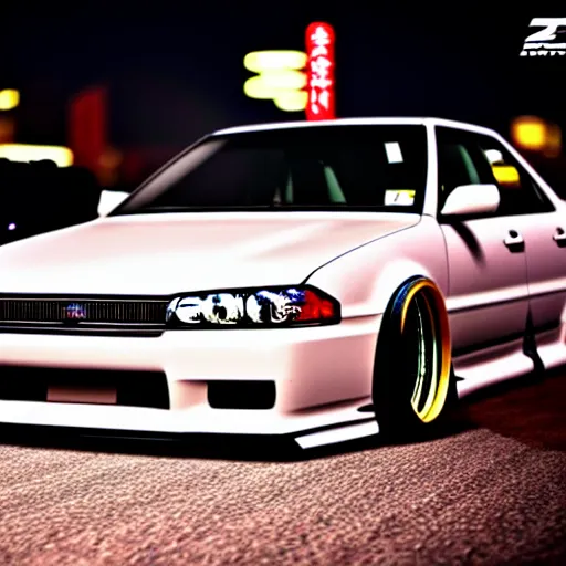 Image similar to a car JZX100 twin turbo drift at illegal car meet, Shibuya prefecture, city midnight mist lights, cinematic lighting, photorealistic, highly detailed wheels, high detail